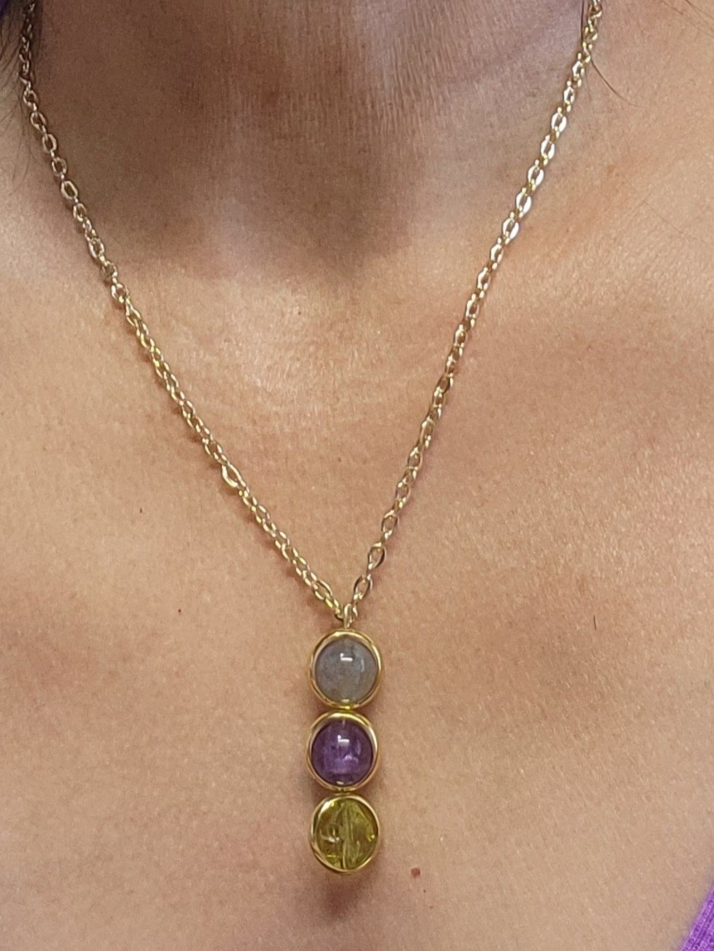 Gold-Plated Multi-Gem Pendant Necklace with Grey- Blue, Purple and Green Stones